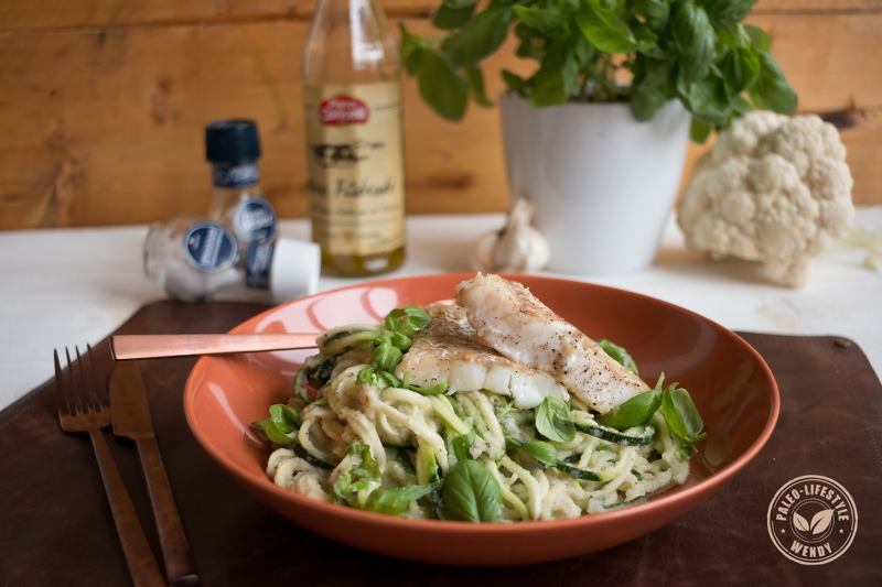 Paleo recept- spaghetti met roomsaus en kabeljauw